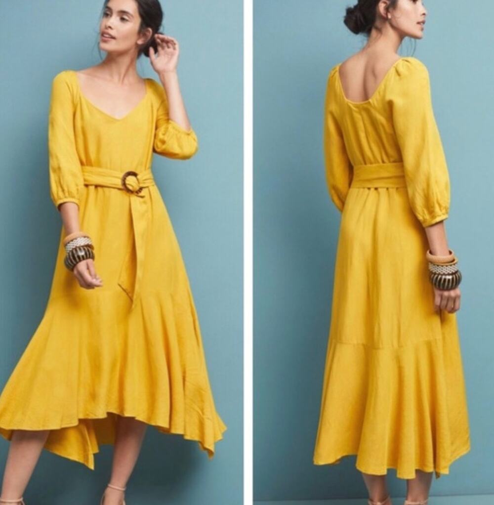 Maeve Artemis Yellow Belted Midi Dress Size 4